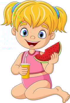 Cartoon little girl holding watermelon with drink vector