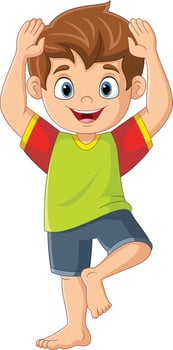 Cartoon little boy doing tree yoga pose vector