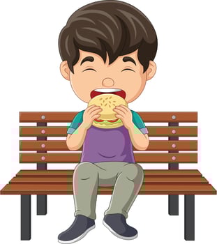 Cartoon little boy eating hamburger on bench vector