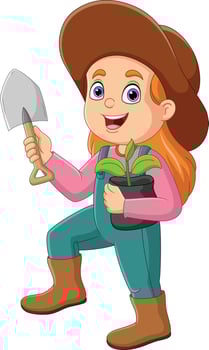 Cute gardener girl with plants and shovel vector