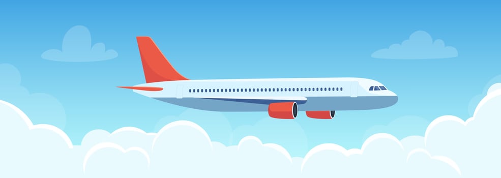 Flying plane above the clouds. Aircraft in the sky. Travel concept illustration for advertising airline, website to search for air tickets, travel agency. Traveling flyer, banner, vector illustration.