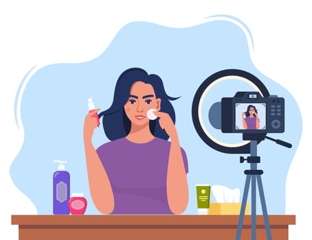 Woman beauty blogger recording skin care tutorial video for her vlog. Girl talking and showing cosmetic products in front of camera. Vector illustration.