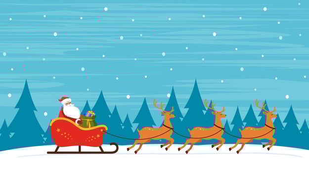 Santa Riding In Sledge With Reindeers on winter snowy background. Christmas Greeting card vector illustration.