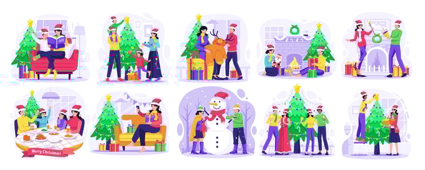 Set of Merry Christmas and Happy New Year concept illustration with People Celebrate Christmas Winter Holiday Party. Vector Illustration in Flat Style