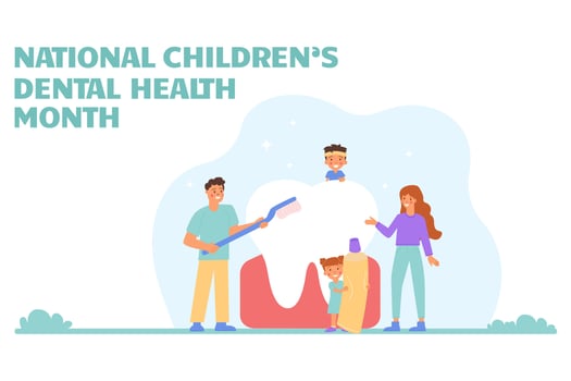 Family brushing teeth. National Childrens Dental Health Month. Banner vector