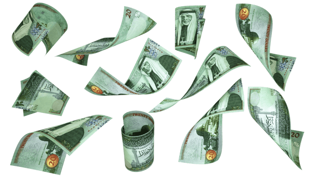3D rendering of Jordanian dinar notes flying in different angles and orientations isolated on transparent background png