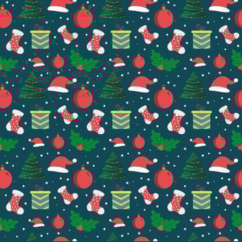 Christmas seamless pattern background with christmas tree christmas santa hat christmas candy winter socks gift box and stars vector