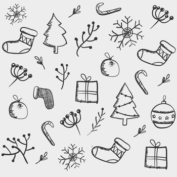 Hand drawn Christmas elements set with candy socks tree ball gift box  and leaf branch vector