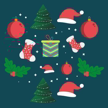 Decorated hand drawn Christmas elements set with Christmas tree gift box and winter socks vector