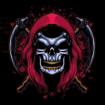 grim reaper head vector illustration with combination of crossed scythe and blood grunge background