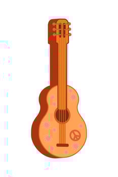 Groovy music. Retro guitar with flowers. Hippie style. Vintage art design. Musical instrument. Cartoon. Vector illustration on a white background.