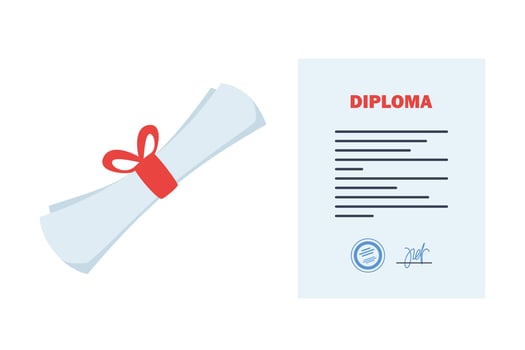 Rolled graduation diploma, graduate from college, university. Vector illustration isolated on white background.