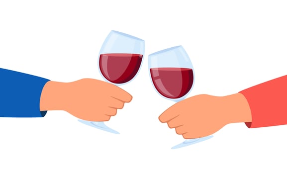 Clink glasses hands. Friends clink wine drinks, alcohol drinks in wineglasses. Vector illustration.