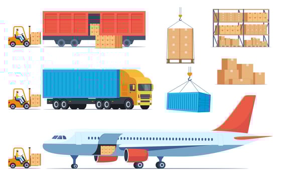 Loading boxes with goods into different types of cargo transport. Cargo plane, train, truck and forklift loads cargo into them. Cargo and delivery, set of elements, vector illustration.