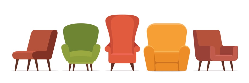 A line of fashionable armchairs. Comfortable Armchairs. Soft furniture for rest and relaxation. Furniture store advertising. Room decoration, interior. Vector illustration.