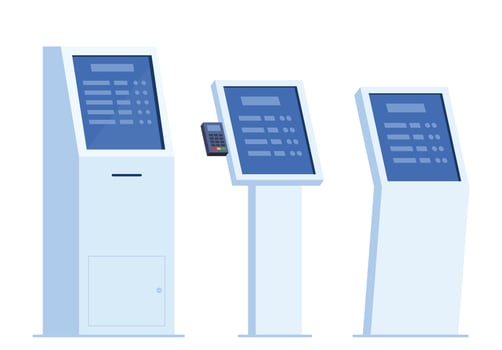 Self-service payment and information electronic terminal with touch screen, set of elements. Vector illustration in flat style.