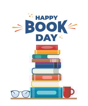World book day. Stack of books with glasses and cup. Designed to greeting or celebrate Book Day. Vector illustration.