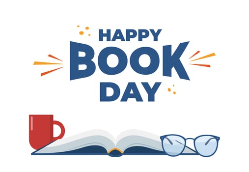 World book day. Open book with glasses and cup. Design for poster, banner, print. Vector illustration.