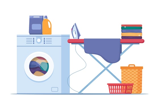 Washing machine with linen in it, cleaning products. Iron and clothes on ironing board, laundry basket. Housekeeping, cleanliness concept. Flat vector illustration.