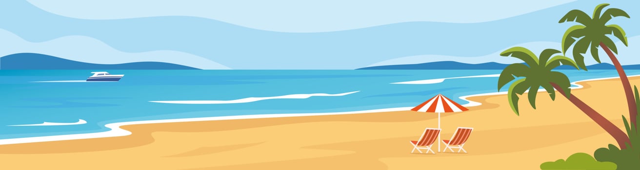 Beach lanscape with sea and palms, summer background. The seashore, mountains on the horizon, a boat sailing on the sea. Umbrella and sun loungers, beach holidays vector illustration.