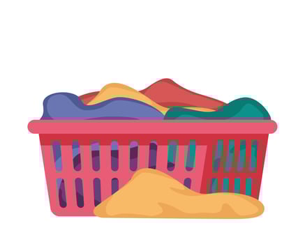 Dirty clothes. Apparel heap with stains in basket, different cotton t-shirts, dresses, trousers, blouses. Vector illustration.