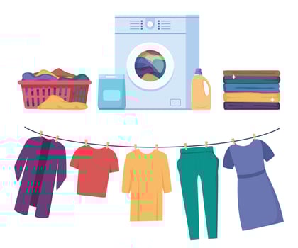 Laundry infographics with different stages of washing process. Washing clothes. Dirty linen, washing machine, pile of clean clothes. Clothes on clothesline. Vector illustration.