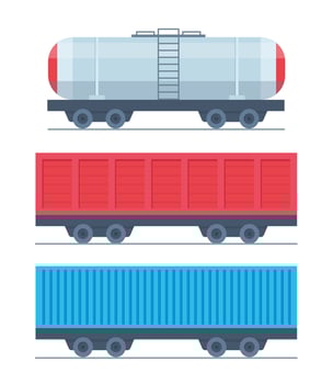 Freight train wagon, tank, freight, cistern. Cargo train parts. Modern freight traffic vector flat illustration.