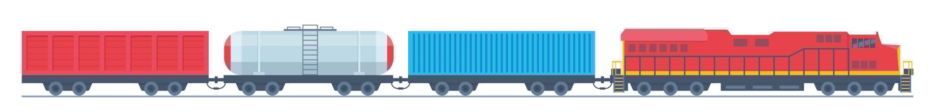 Freight train with wagons, tanks, freight, cisterns. Railway locomotive train with oil wagon, transportation cargo. Cargo train. Modern freight traffic vector flat illustration.