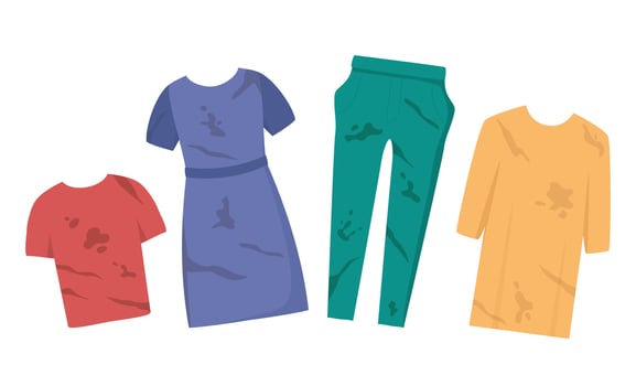 Dirty clothes set. T-shirt, dress, trousers, blouse with mud spots. Clothes with stains. Flat vector illustration for housekeeping, cleanliness concept.