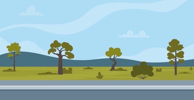Beautiful green hills with mountains row on the horizon. Landscape with a green hills, trees, bushes, mountains, bright blue sky. Countryside background for banner, animation. Vector illustration.