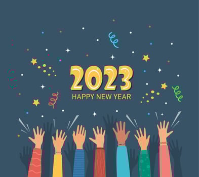 Raised hands of happy people celebrating New Year 2023. Crowd of people at party. People celebrate. Firecrackers, confetti, fireworks, carnival. New Year greeting card. Vector illustration.