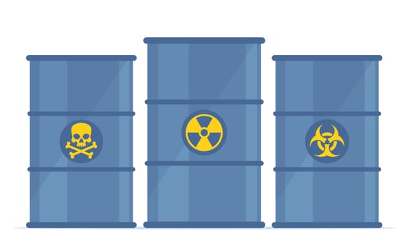 Barrels of Toxic, Biohazard and Radioactive waste. Metal barrels with danger signs. Ecology, environmental pollution, waste. Vector illustration.