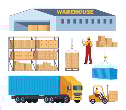 Merchandise warehouse and logistic, workers and equipment, set of elements. Warehouse building, racks, boxes, loader, truck. Delivery and storage, warehouse and cargo box. Vector illustration.