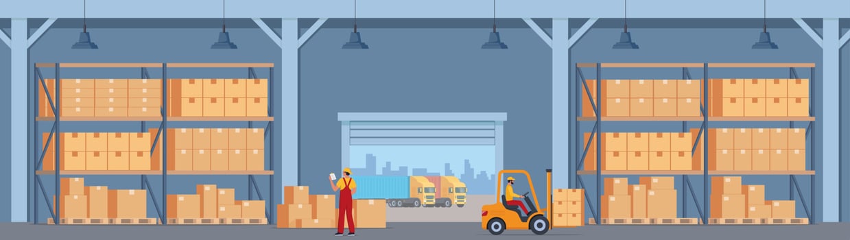 Warehouse Interior with Boxes On Rack And People Working. Logistic Delivery Service Concept. Vector illustration.
