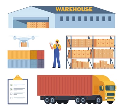 Merchandise warehouse and logistic, workers and equipment, set of elements. Warehouse building, racks, boxes, loader, truck. Delivery and storage, warehouse and cargo box. Vector illustration.