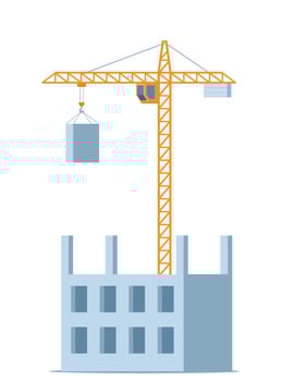 Building work process with houses and tower crane. Vector illustration.