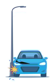 Car accident. Damaged transport on the road. Car crashed into a pole. Road collisition. Damaged transport. Collision on road, safety of driving personal vehicles, car insurance. Vector illustration.