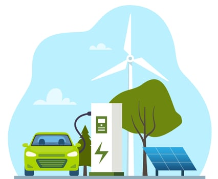 Green electric car charging, front view. Ecologically clean transport, eco-city. Electric car charging at the charger station in front of the solar panels and wind turbines. Vector illustration.