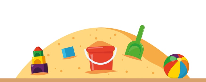 Sandbox with pile of sand and children toys in flat style. Sandpit with kids shovel, bucket and car on pile of yellow powder. Vector illustration.