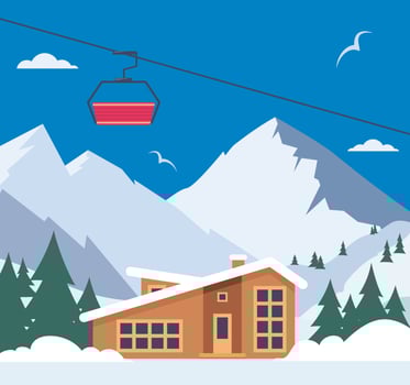 Ski resort. Winter mountain landscape with lodge, ski lift. Winter sports vacation banner. Vector illustration.