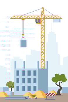 Building work process with houses and tower crane. City landscape on background. Vector illustration.