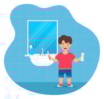 Happy smiling boy kid holding toothbrush and toothpaste tube, standing in a bathroom. Children dentistry and teeth hygiene. Kids using toothbrush motivational clipart. Flat vector illustration.