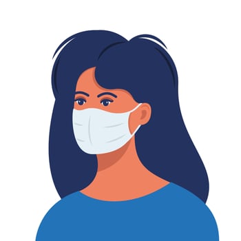 Woman with protective medical mask on face for prevent virus. Girl in surgical mask. Covid prevention. Vector illustration in flat style.
