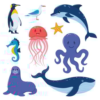 Sea animals big set. Cute flat style sea creature characters. Penguin, whale, seal, seahorse, dolphin, octopus, jellyfish, starfish, gull. Vector illustration.