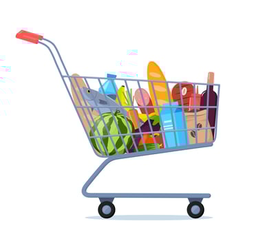 Shopping trolley full of food, fruit, products, grocery goods. Grocery shopping cart. Buying food in supermarket. Vector illustration for advertising banner, sale flyer.