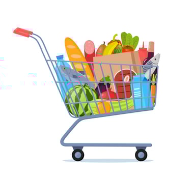 Shopping trolley full of food, fruit, products, grocery goods. Grocery shopping cart. Buying food in supermarket. Vector illustration for banner,