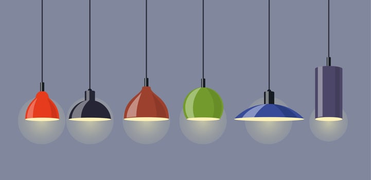 Hanging lamps, set. Chandeliers, lamps, bulbs - elements of modern interior. Vector illustration, isolated.