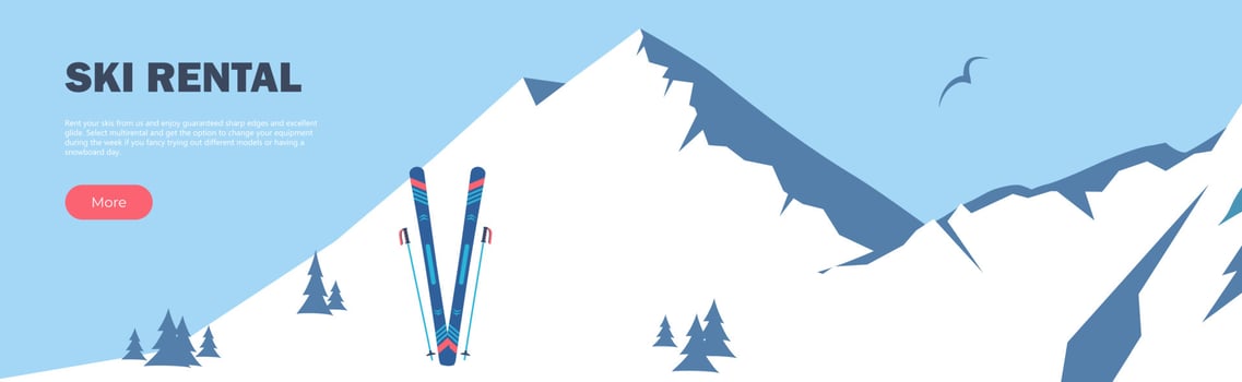 Ski Rental horizontal banner. Winter Sport. Vector illustration