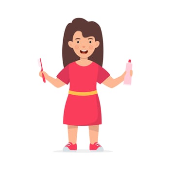 Happy girl kid holding toothbrush and toothpaste tube. Children dentistry and teeth hygiene. Kids using toothbrush motivational clipart. Flat vector illustration.