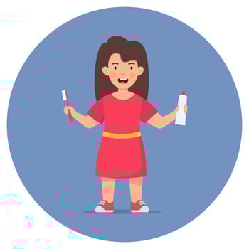 Happy girl kid holding toothbrush and toothpaste tube. Children dentistry and teeth hygiene. Kids using toothbrush motivational clipart. Flat vector illustration.